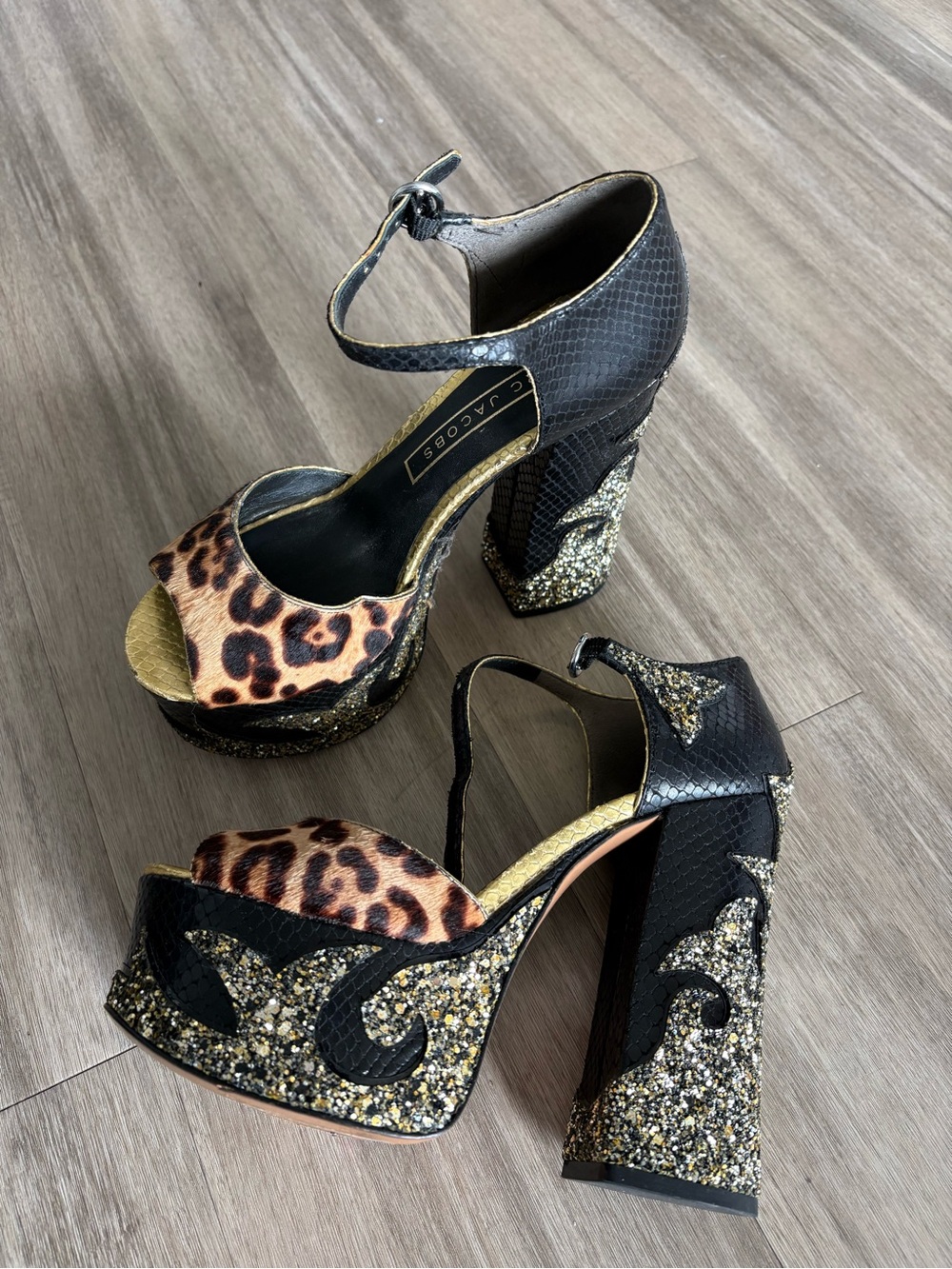 Marc Jacobs Black, Leopard & Gold Glitter Platform Heels